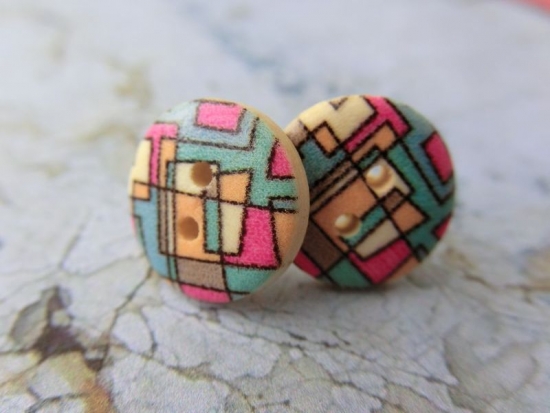 Preview: Holzknopf Ohrstecker 70s 70er Quadrate Rechteck